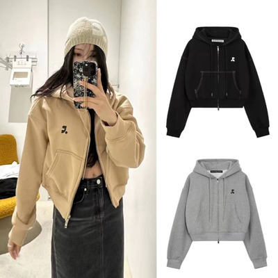加绒版~韩国设计师Rest&24冬季短款原宿慵懒RR连帽卫衣拉链外套