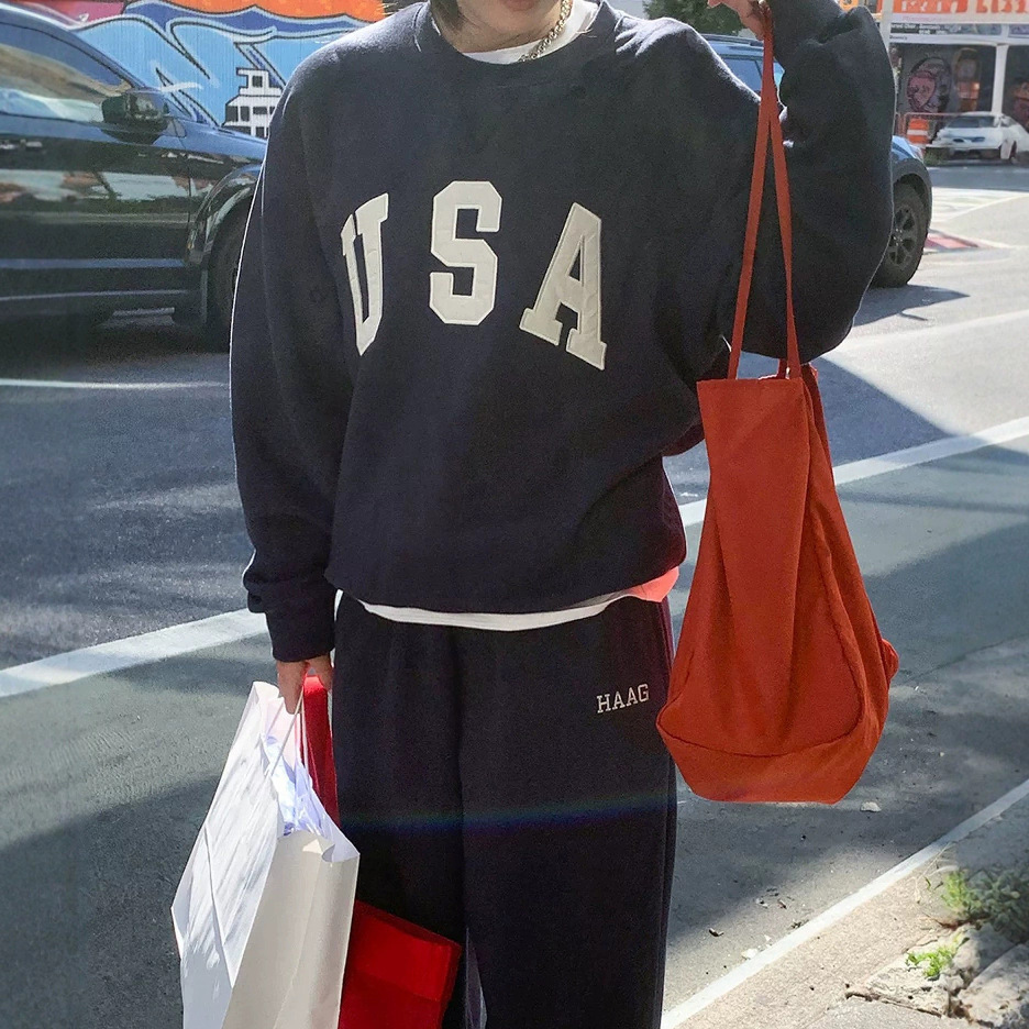 韩国东大门haag冬季新款刺绣字母贴布韩版圆领宽松加绒卫衣女上衣