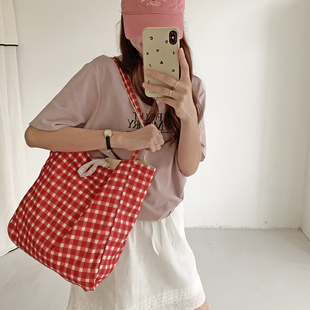 HURIDOM 2025新款原创AB面帆布包女大容量格纹单肩包托特包休闲