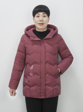 中老年妈妈羽绒服外套中长款连帽
