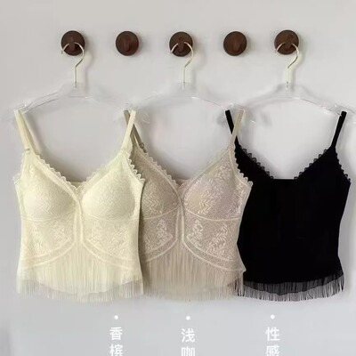 388法式蕾丝流苏百搭吊带背心女性感聚拢固定一体杯打底外穿上衣