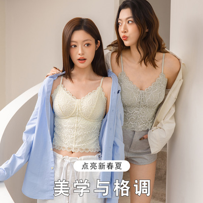 6122新品轻薄蕾丝吊带背心女带胸垫性感纯欲风打底内衣免穿文胸