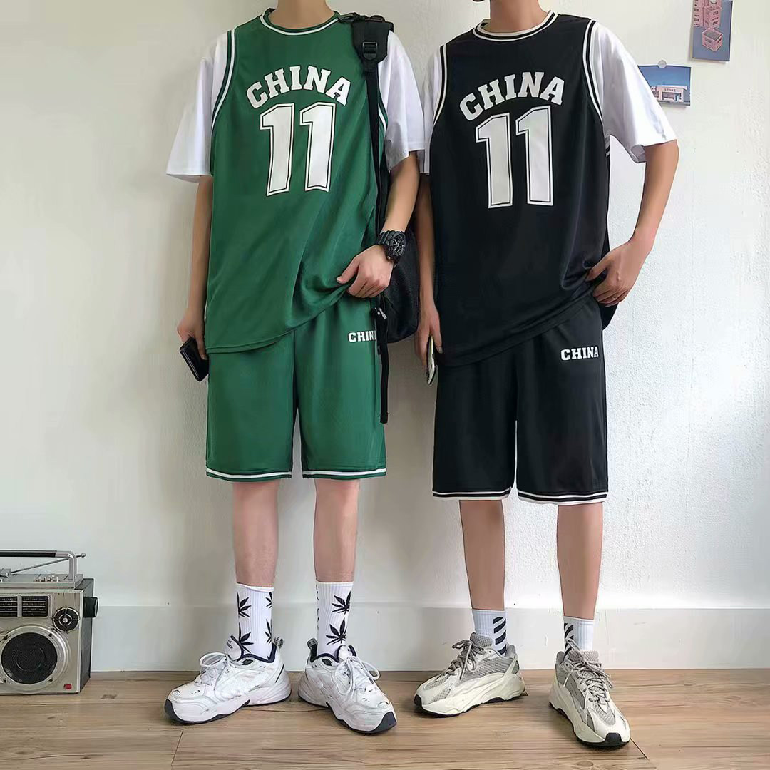 篮球服男女潮流嘻哈假两件短袖套装街头情侣外穿宽松欧文11号球衣