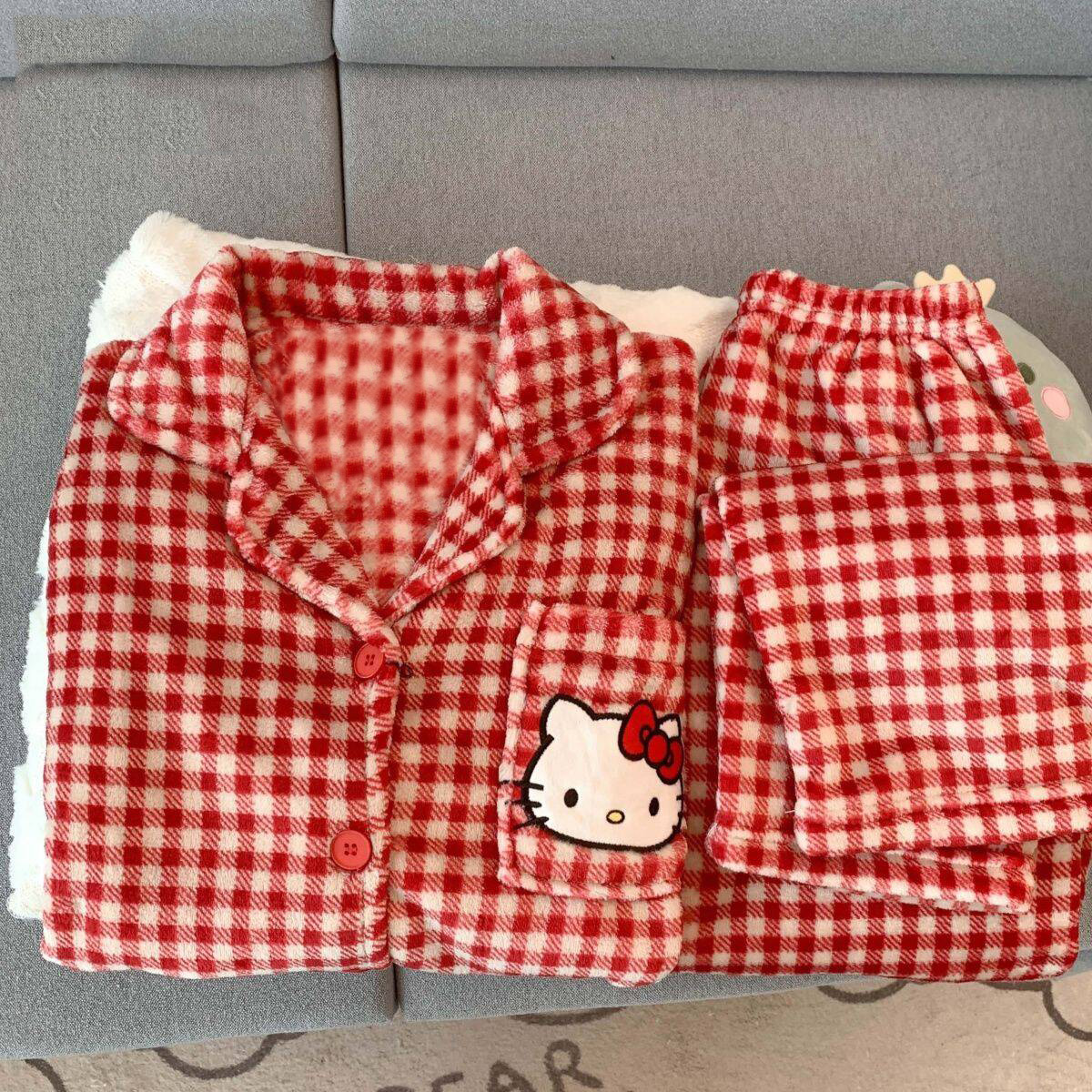 新年红色新款KT猫加绒格子睡衣女冬天法兰绒可爱学生家居服珊瑚绒
