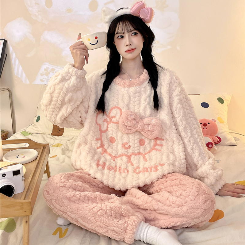 新款保暖珊瑚绒睡衣女秋冬加绒加厚可爱外穿学生少女冬季两件套装