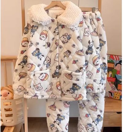 睡衣女冬季娃娃领三层夹棉KT猫珊瑚绒加绒加厚保暖外穿家居服套装