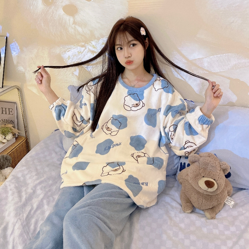 可爱日系珊瑚绒睡衣女秋冬季加绒家居服甜美学生学院风法兰绒套装