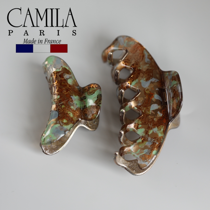 进口现货章小蕙Camila Paris法国发夹法式小众鲨鱼夹复古绿色印花