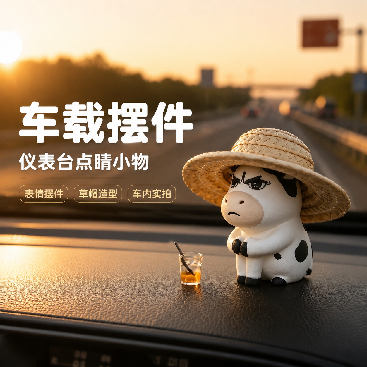 可爱emo牛车载摆件仪表台装饰品草帽造型表情公仔车内创意礼物