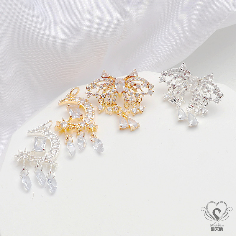 14k包金保色镶锆石蝴蝶流苏月亮吊坠diy手工手链项链耳坠隔珠配件