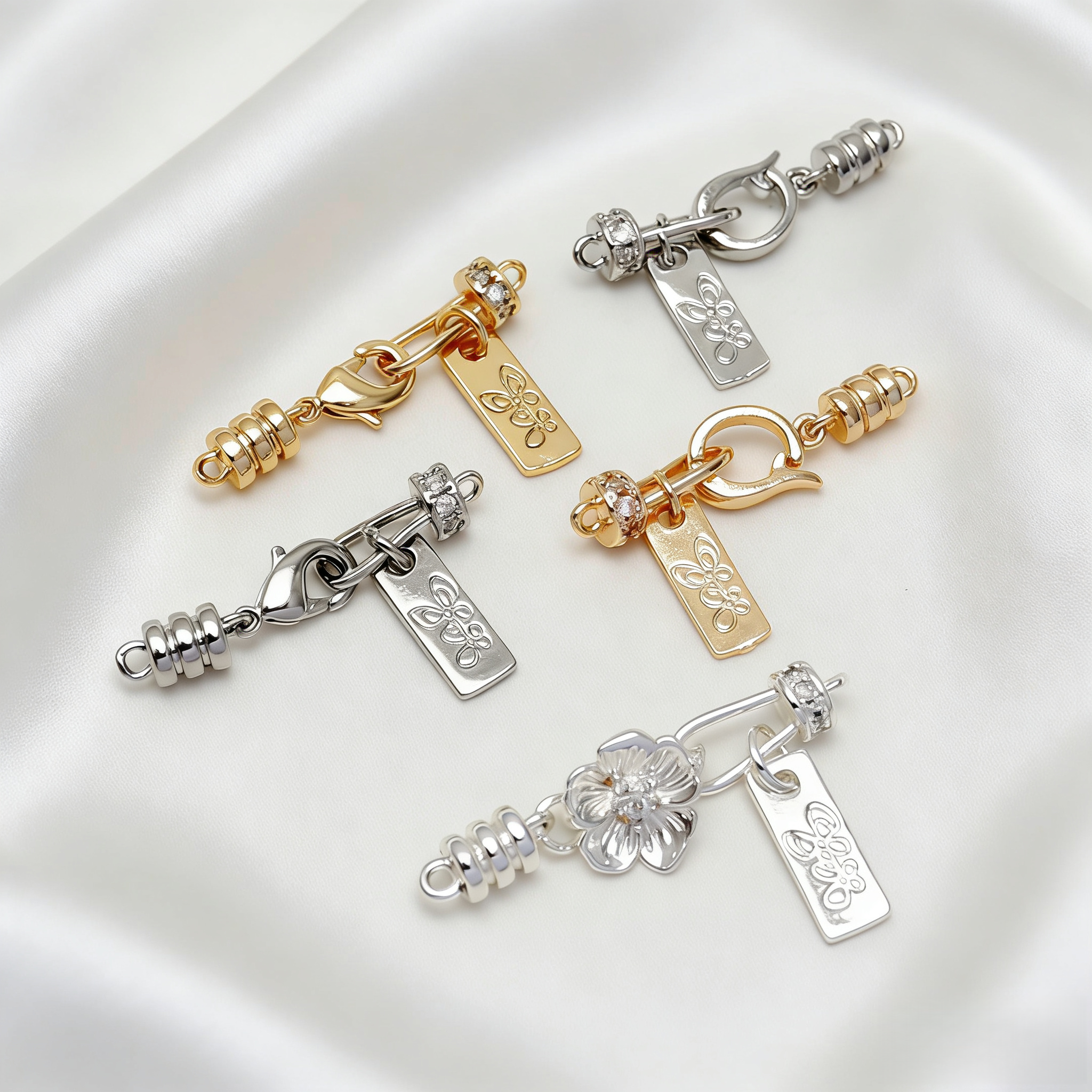 14K保色镶锆石花朵长方片手链珍珠龙虾D扣头链接项链diy饰品配件