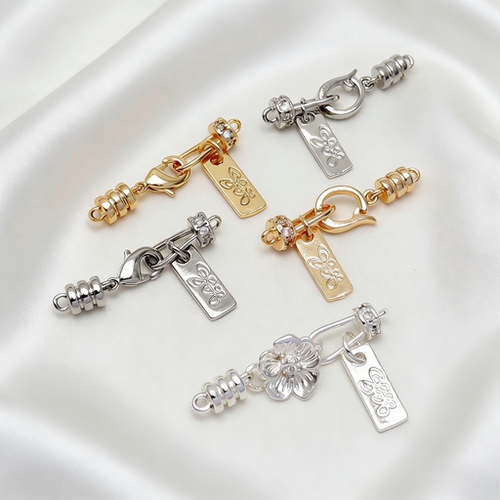 14K保色镶锆石花朵长方片手链珍珠龙虾D扣头链接项链diy饰品配件