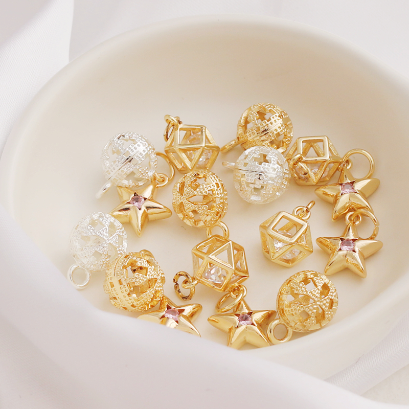 14K包金保色锆石五角星灵动镂空圆球10mm吊坠diy饰品项链挂件配饰