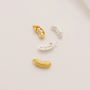 古法金电镀保色毛豆镶嵌珍珠贝珠哑金吊坠手链项链diy饰品配件坠