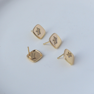 14k包金保色13mm正方形带吊镶嵌锆石925针耳钉耳针diy耳环耳饰