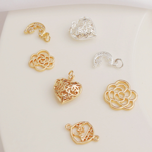 14k包金保色镶锆石月亮镂空爱心花片双吊挂件diy手链项链耳饰配件