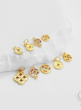 18k包金保色喷沙金哑光复古钱币6mm吊牌手链项链diy耳坠饰品配件