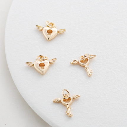 14k包金保色翅膀爱心钥匙13*18mm吊坠手链项链桃心坠diy饰品吊饰