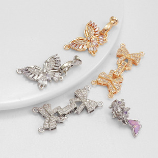 14K保色镶锆石蝴蝶结项链手链珍珠双扣头链接桶珠项链diy饰品配件