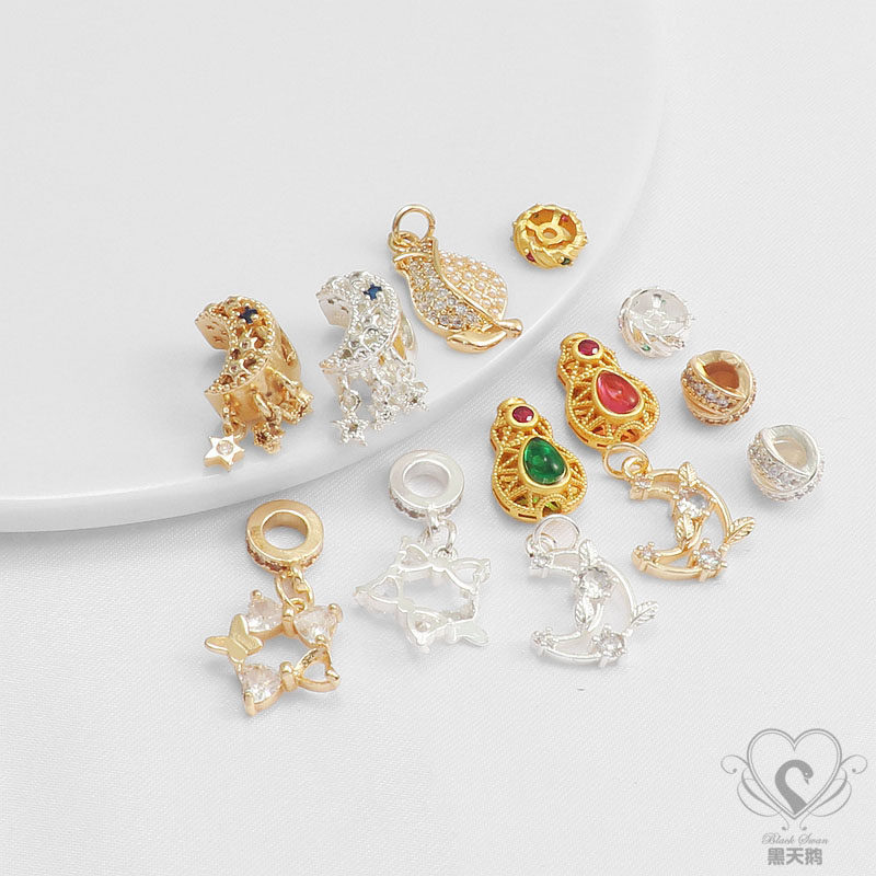 14K铜包金保色微镶锆石葫芦月亮花苞手链项链吊坠隔珠diy饰品配件