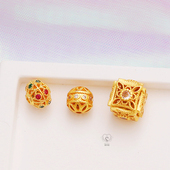 哑金保色古法锆石9mm镂空圆珠方珠花球扁隔珠手工diy饰品配件散珠