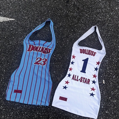 DOLLKISS美式复古挂脖吊带裙球衣紧身弹力包臀辣妹裙