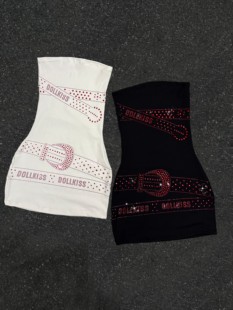 Dollkiss原创设计辣妹黑白色烫钻腰带弹力抹胸连衣短裙