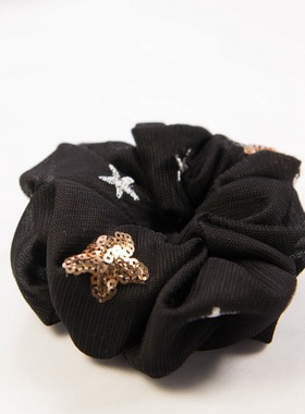 黑色网纱亮片刺绣盘发马尾大发圈头绳发绳头花皮筋发饰头饰CF43