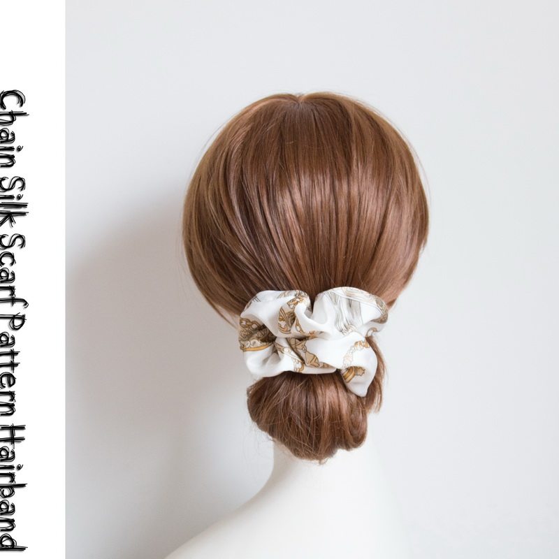 新款缎面链条欧美丝巾花纹盘发马尾发圈发绳头花发饰头饰CF11