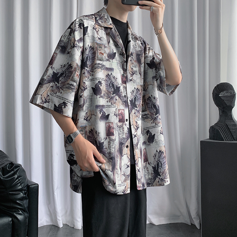 Summer 2020 graffiti splash ink casual trend 5-sleeve suit collar shirt for men