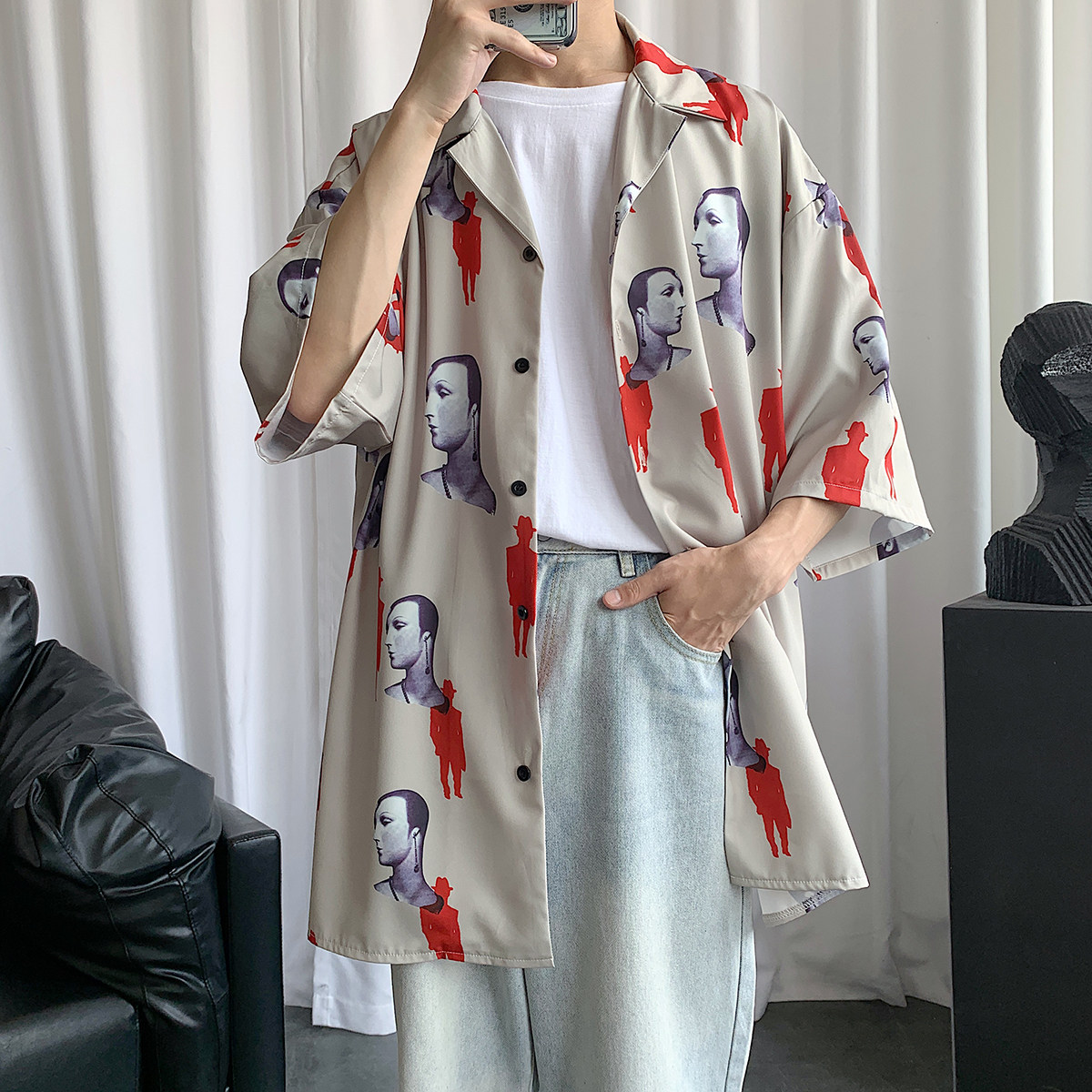 夏款塗鴉襯衣沙灘五分袖西裝領襯衫