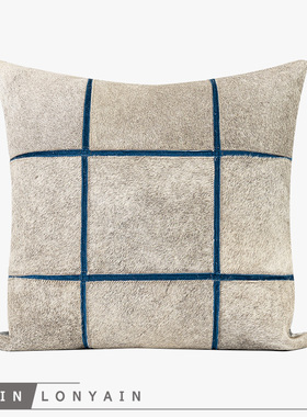 新品现代简约轻奢米灰色真皮蓝色绒布拼接靠垫抱枕别墅样板房方枕