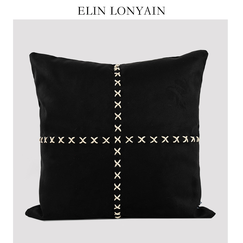 珑衍家居现代简约黑色麂皮绒白绳编织靠垫抱枕样板房客厅沙发方枕