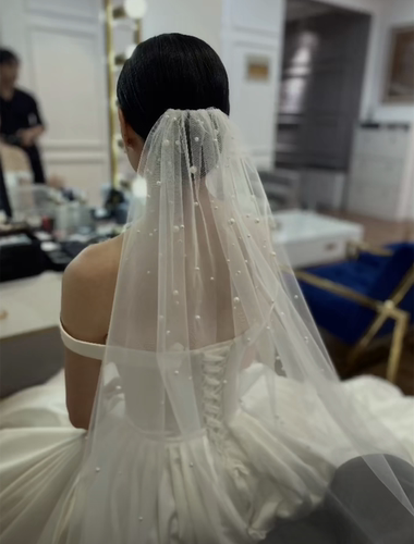 气质风格唯美钉珠中长款单层头纱