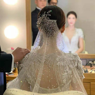 韩式气质新娘结婚仪式长款加钻头纱婚纱礼服搭配软纱拖尾白色配饰