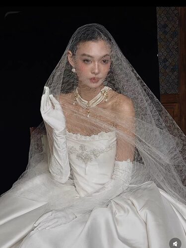 小众软轻透蕾丝纹理网纱新娘头纱婚纱照摄影凹造型样片拍摄道具
