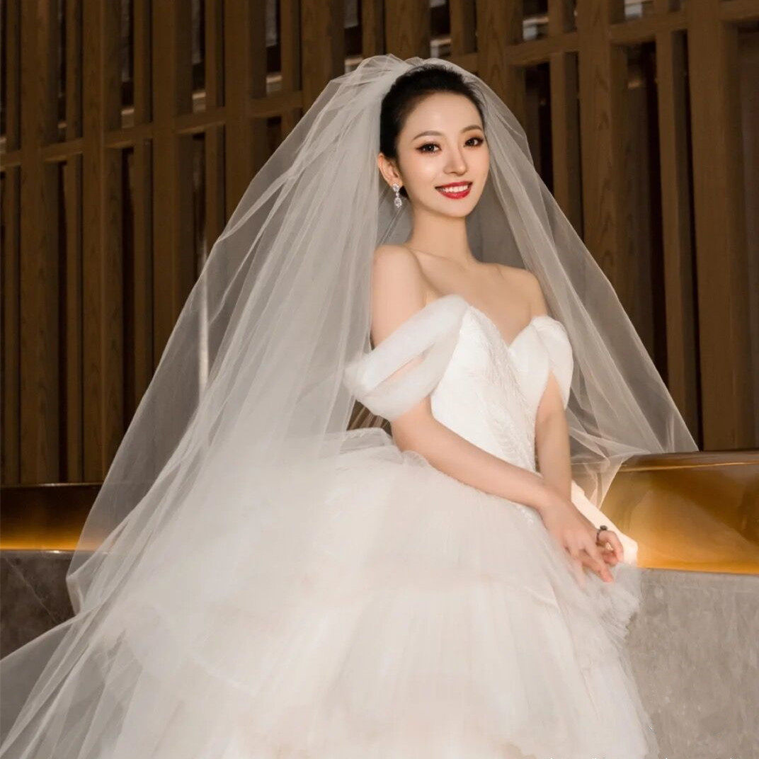 简约百搭长款素纱草坪婚礼教堂仪式纱新娘旅拍结婚头纱双层白色