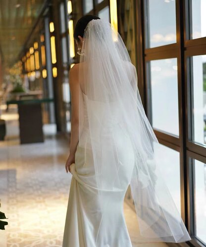 韩式钉珠新娘结婚头纱中长款包邮