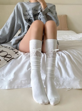 芭蕾风白色袜子女秋季薄款堆堆袜蕾丝拼接中筒小腿袜jk及膝长筒袜