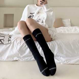 简约ins风长筒袜女秋款纯色堆堆袜字母潮jk小腿袜黑色及膝中筒袜