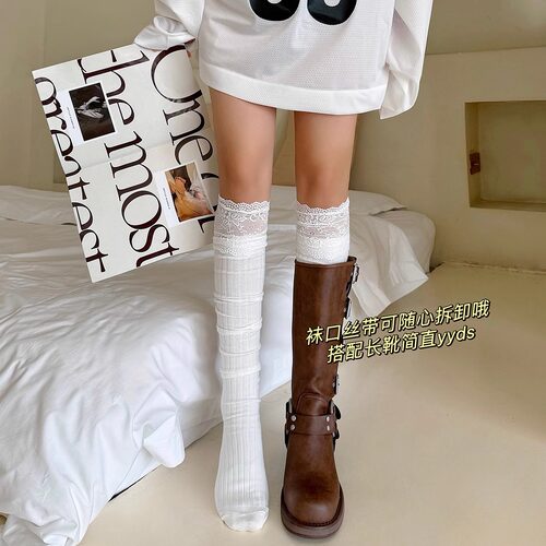 纯欲风蕾丝拼接长筒袜过膝靴袜