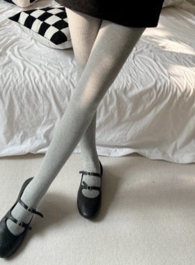 miu系灰色竖条纹春秋连裤袜高腰打底裤美腿塑型外穿袜黑白色百搭