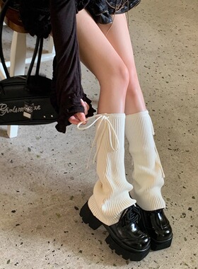 新款羊毛袜套女系带蝴蝶结堆堆袜配乐福鞋辣妹腿套微喇及膝中筒袜