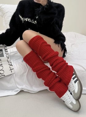 本命年红色加厚袜套女秋冬过膝堆堆袜新年红及膝小腿袜辣妹腿套