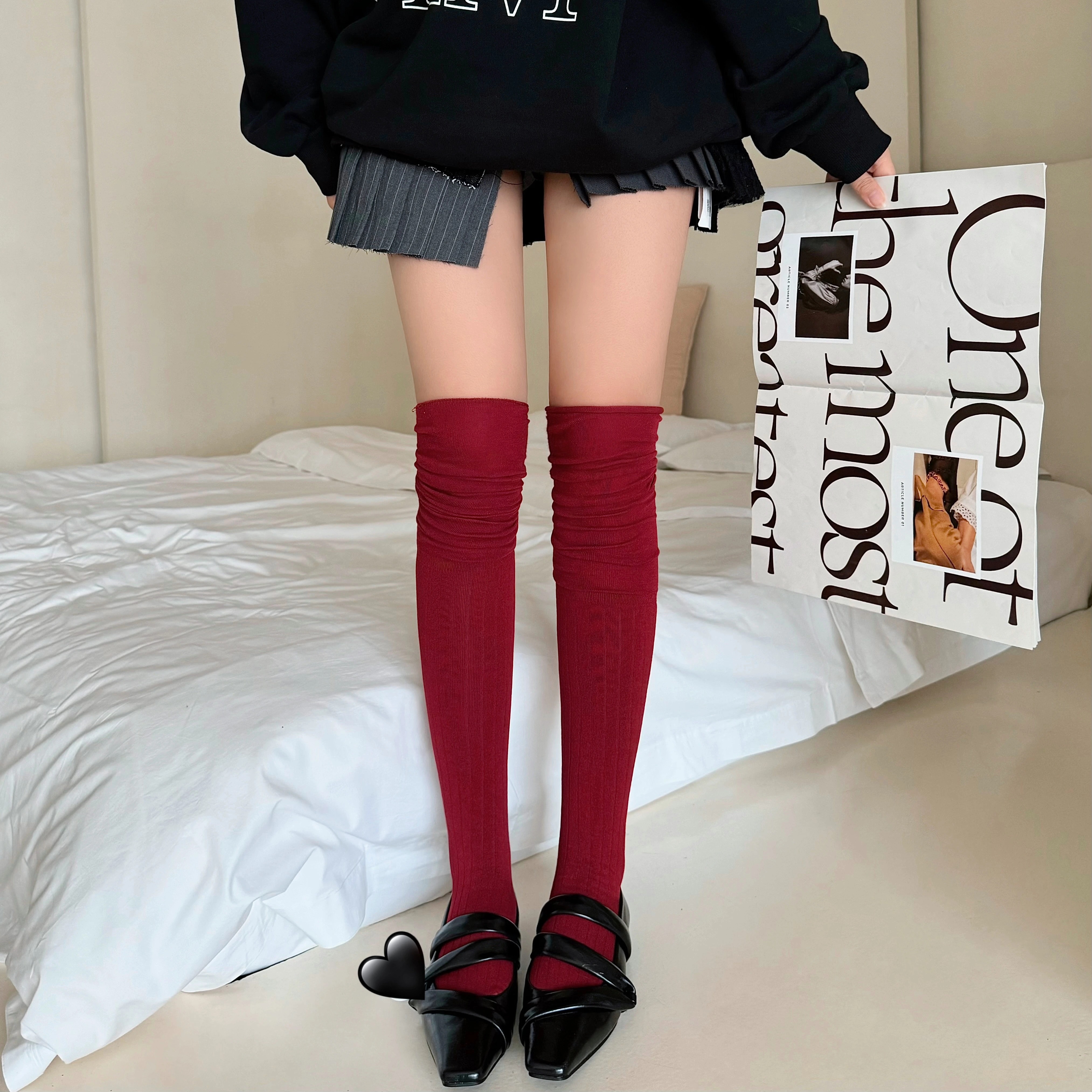 配靴子小腿袜安可拉红秋冬堆堆袜