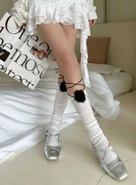 小众设计感堆堆袜女夏季辣妹绑带及膝小腿袜拼色花朵长筒棉袜白色