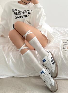 白色堆堆袜子女配德训鞋y2k辣妹系带中筒袜新款日系jk小腿袜黑色
