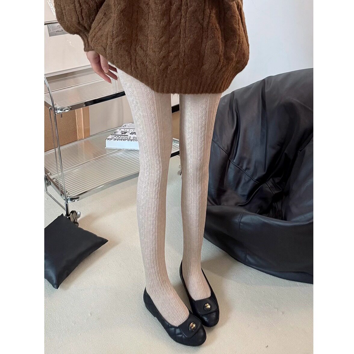 秋冬新款韩系麻花连裤袜女压力显瘦竖条打底袜加厚燕麦色连脚裤袜