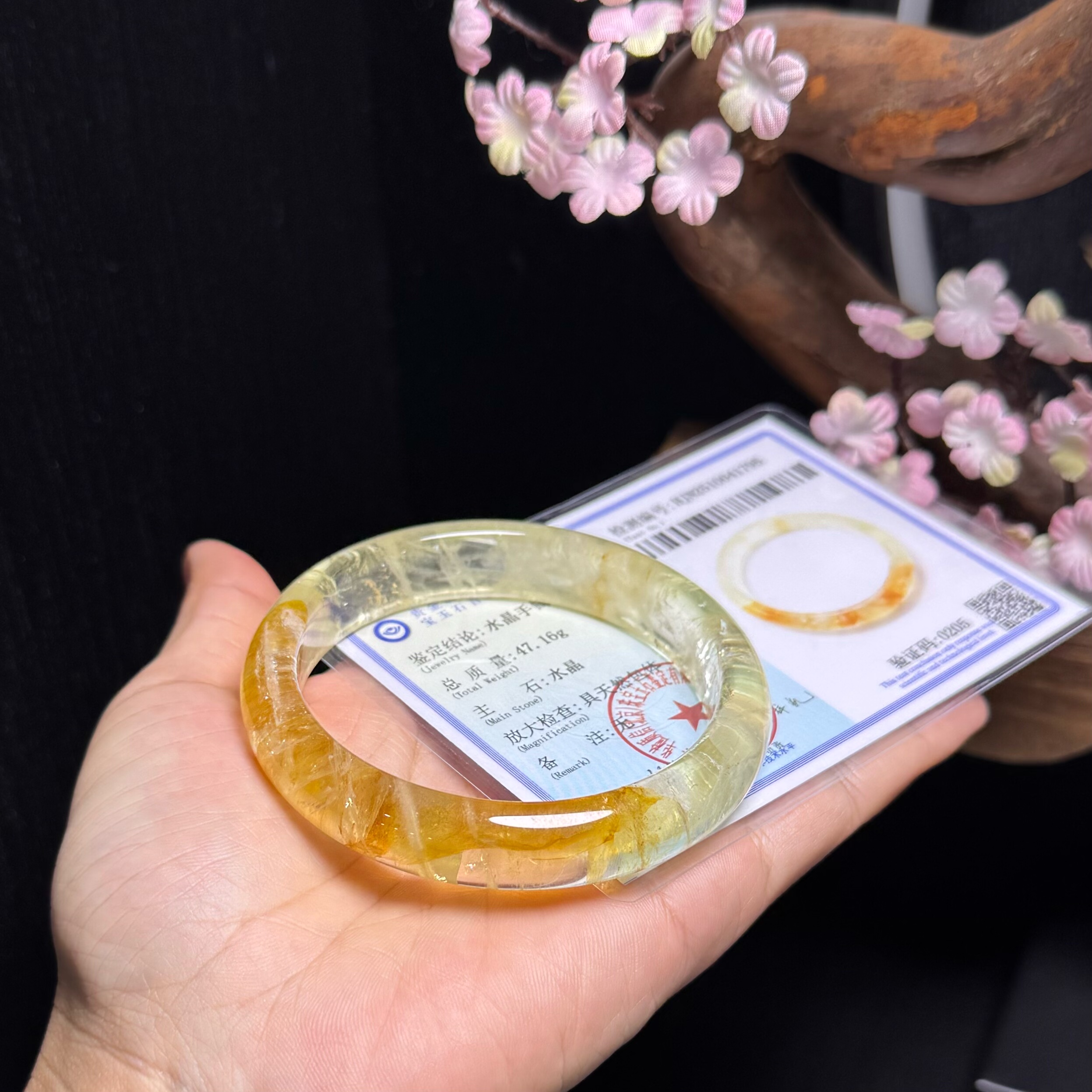 天然精品老矿料黄水晶黄胶花水晶手镯圈口内径59.5送礼自留佳品