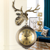 欧式双面鹿头客厅挂钟轻奢色钟表美式家用时钟大号复古两面石英钟